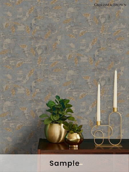 Graham & Brown Steel Gold Boutique Ornamental Leaf A4 Wallpaper Sample (H46640) | £1