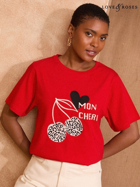 Love & Roses Red Animal Print Cherry Embroidered Crew Neck T-Shirt (H46650) | £26