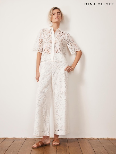 Mint Velvet White Broderie Wide 100% Cotton Trousers (H46719) | £99