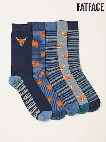 FatFace Navy Multi 5 Pairs of Highland Cow Socks (H46739) | £20