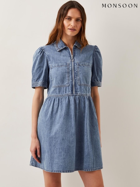 Monsoon Blue Adeena Zip Denim 100% Cotton Mini Dress (H46770) | £75