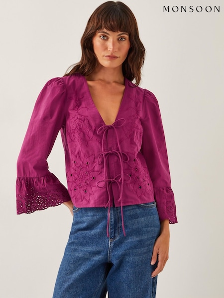 Monsoon Red Saoirse Broderie Tie 100% Cotton Blouse (H46794) | £59
