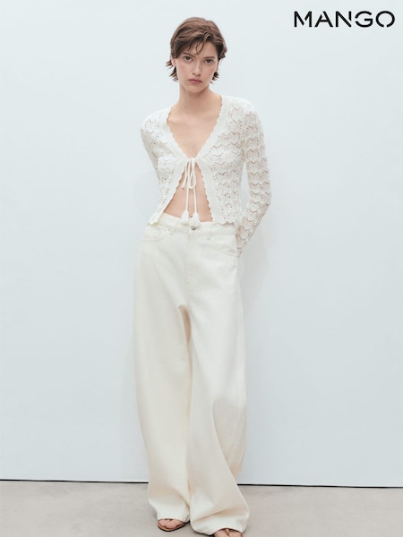 Mango White Crochet Knitted Tie Front Cardigan (H46812) | £36