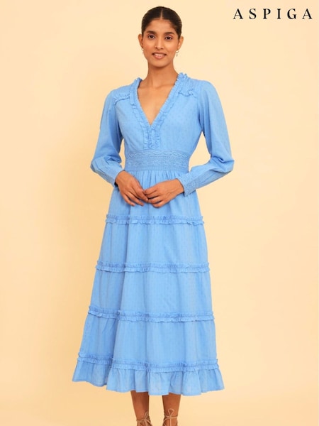 Aspiga Blue Long Sleeve Viola 100% Cotton Dress (H46817) | £175