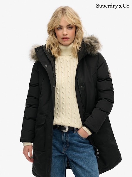 Superdry Black Everest Faux Fur Parka Coat (H46820) | £145