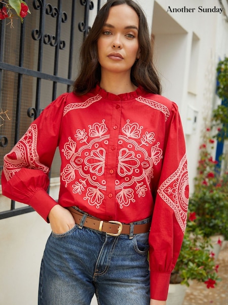 Another Sunday Red Embroidered Button Through Ruffle Collar 100% Cotton Blouse (H46838) | £40