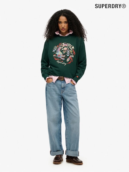 Superdry Green Suika Embroidered Loose Crew 100% Cotton Sweatshirt (H46891) | £50