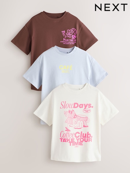 Chocolate Brown Cafe Oversized Graphic T-Shirts 3 Pack (3-16yrs) (H47005) | £18 - £24