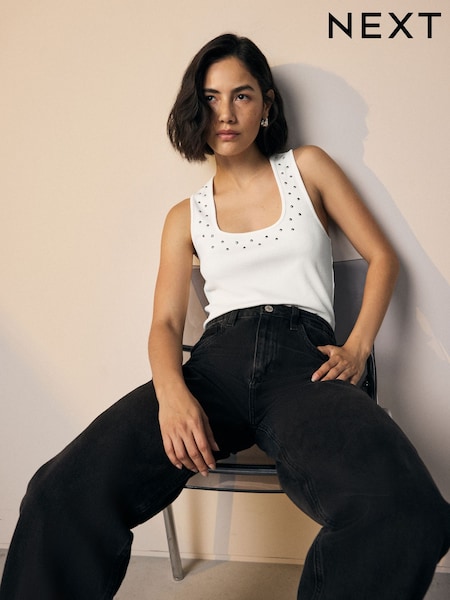 Ecru Studded Scoop Rib Vest (H47069) | £25