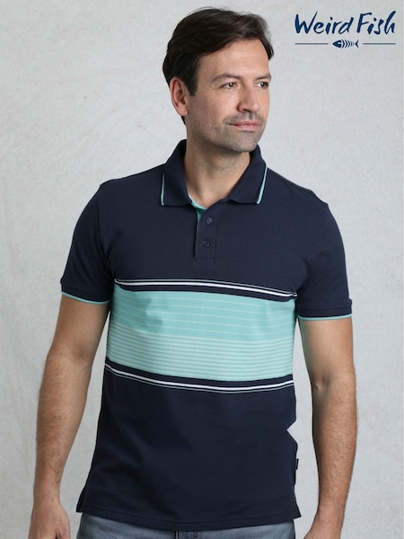 Weird Fish AquaMarine Blue Sunbury Striped Pique 100% Cotton Polo Shirt (H47102) | £42