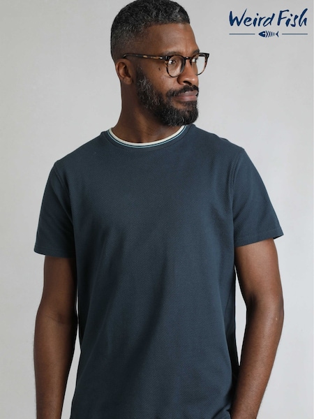 Weird Fish AquaMarineBlue Harris Textured Crew Neck 100% Organic Cotton T-Shirt (H47147) | £30