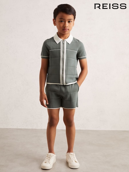Reiss Dark Sage Green Barbor 3-9 yrs Tipped Knit Stitch-Detail Shorts (H47163) | £38
