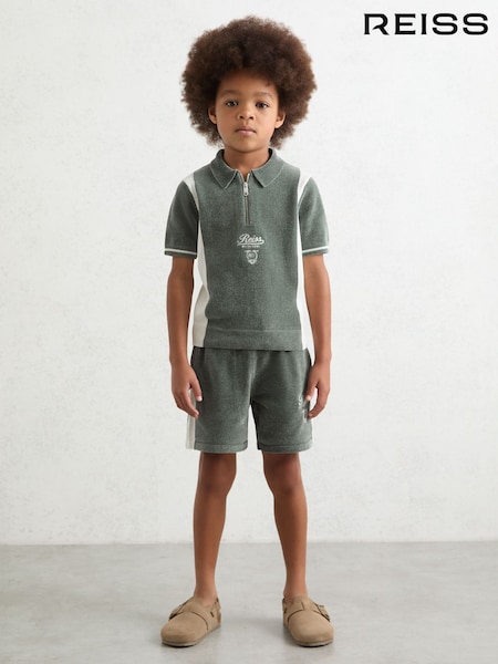 Reiss Dark Sage Green/White Trenton 3-9 yrs Chenille Tipped Motor Cars Shorts (H47166) | £42