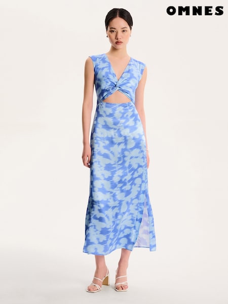 Omnes Blue Marin V-Neck Front Twist Satin Midi Dress (H47200) | £0