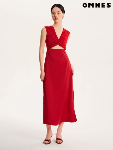 Omnes Red Marin V-Neck Front Twist Satin Midi Dress (H47201) | £95