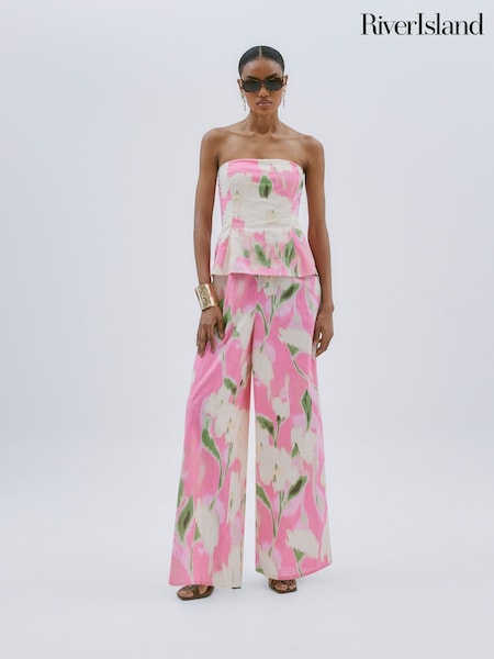 River Island Pink Linen Blend Floral Print Jumpsuit (H47296) | £52