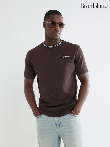 River Island Brown Slim Fit Les Amis Ringer 100% Cotton T-Shirt (H47355) | £22