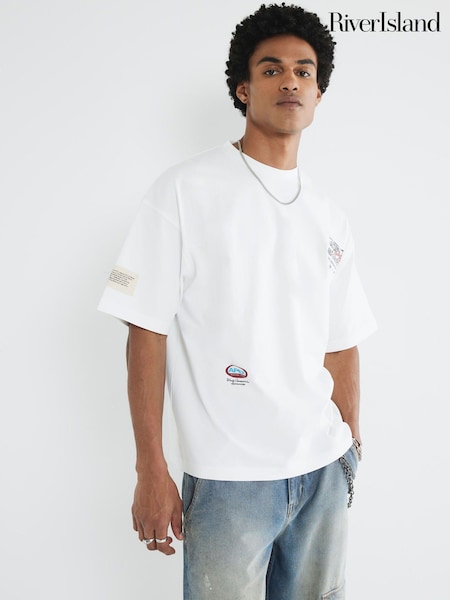 River Island White 100% Cotton Racing Print T-Shirt (H47367) | £29