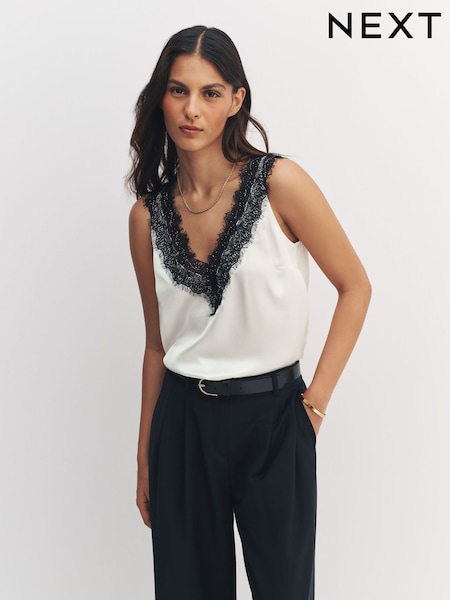 White/Black Contrast Beaded Lace Cami Top (H47400) | £34