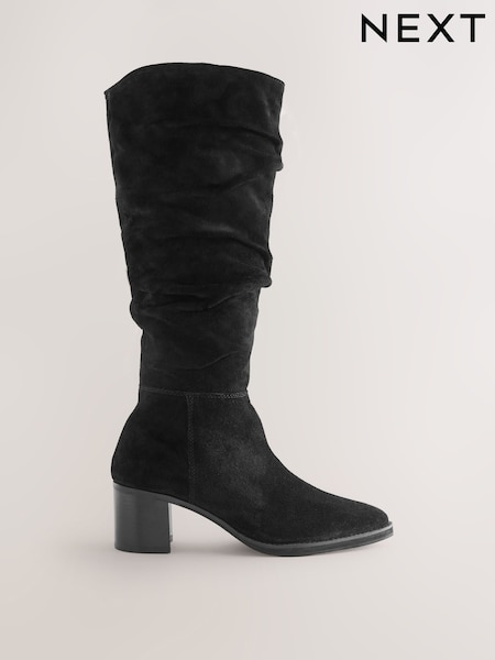Black Suede Forever Comfort® Slouchy Knee High Block Heeled Boots (H47562) | £85
