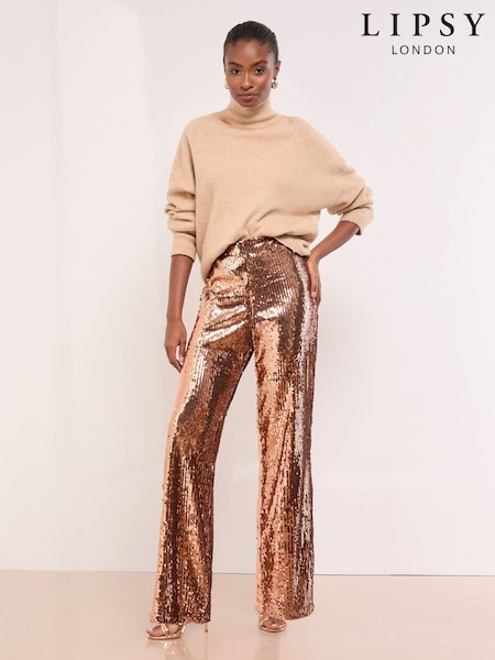Lipsy Bronze Petite Sequin Trousers (H47641) | £49