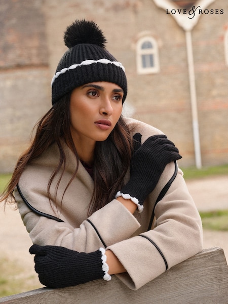 Love & Roses Black Scallop Trim Ribbed Pom Hat and Gloves Set (H47809) | £26
