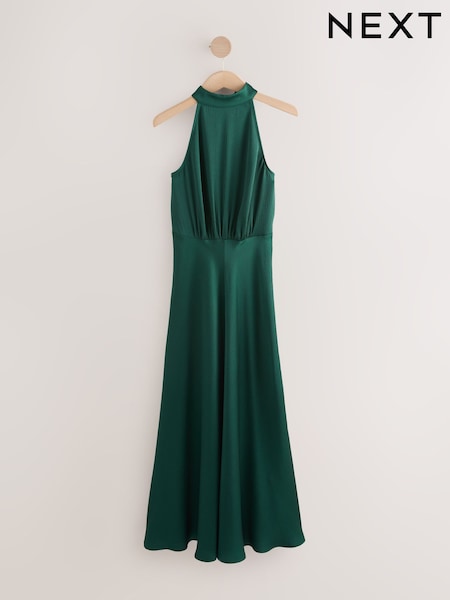 Emerald Green Textured Satin Halter Sleeveless Midi Dress (H47851) | £55