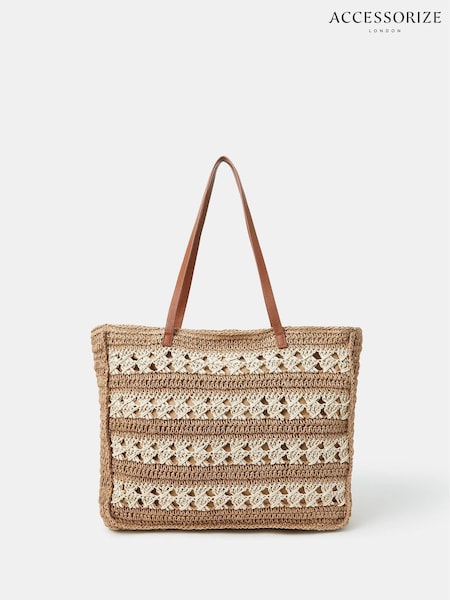Accessorize Natural Stripe Woven Raffia Tote Bag (H48088) | £40