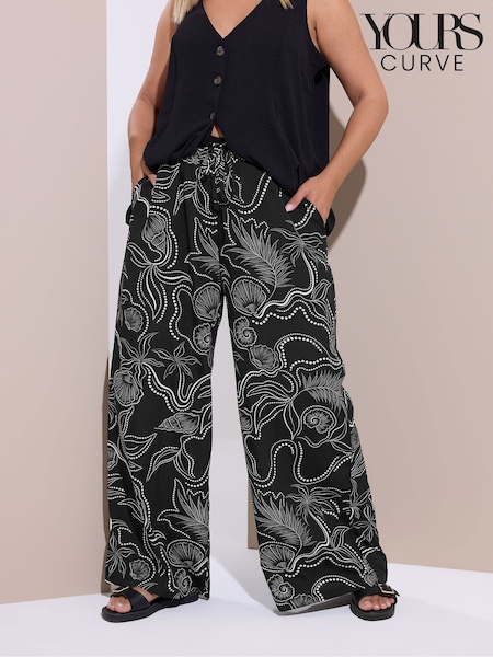 Yours Curve Black Shell Print Wide Leg Trousers (H48133) | £27