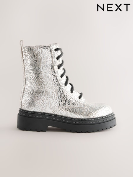 Silver Crackled Standard Fit (F) Leather Chunky Lace-Up Boots (H48178) | £41 - £48