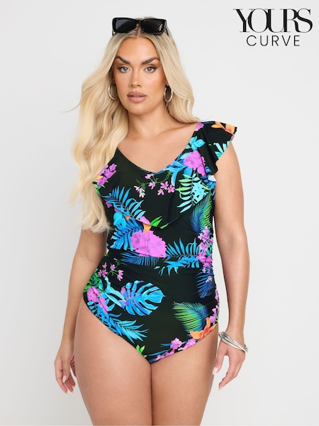 Yours Curve Black Premium Tropical Frill Swimsuit (H48336) | £47