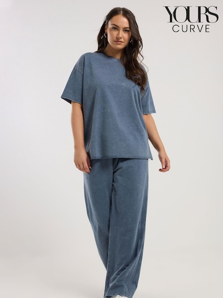 Yours Curve Blue Acid Wash Sweat 100% Cotton Top & Joggers Set (H48338) | £47