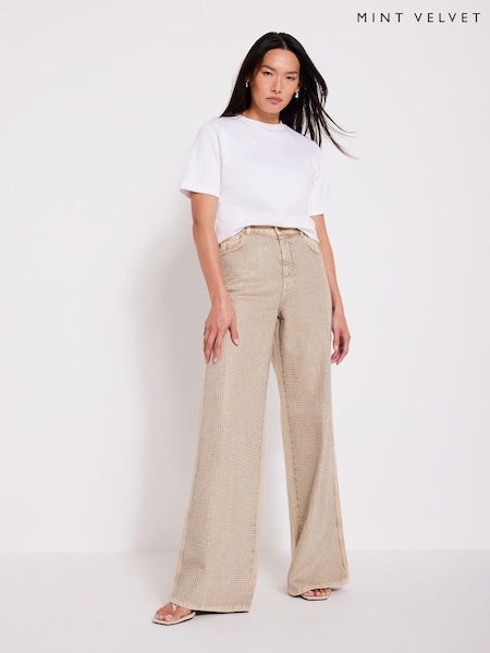 Mint Velvet Natural Diamante Wide Leg 100% Cotton Jeans (H48342) | £135