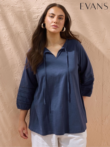 Evans Blue Jersey Slub Boho Top (H48442) | £29