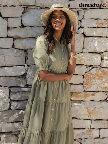 Threadbare Green 100% Cotton Short Sleeve Collared Broderie Maxi Shirt Dress (H48468) | £38
