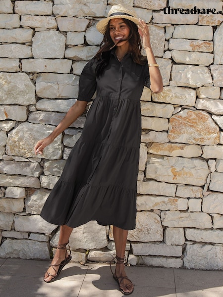 Threadbare Black 100% Cotton Button Down Collared Tiered Maxi Shirt Dress (H48469) | £38