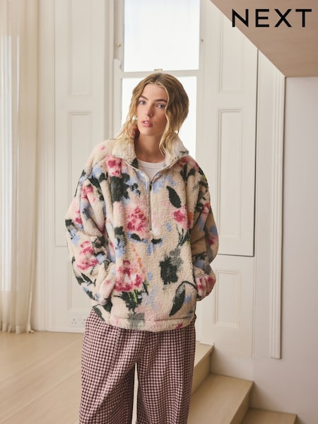 Cream Floral Borg Half Zip Fleece (H48488) | £30