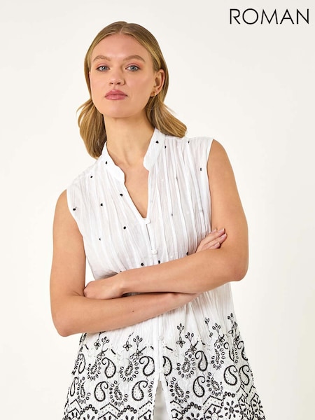 Roman White Embroidered V-Neck Blouse (H48515) | £40