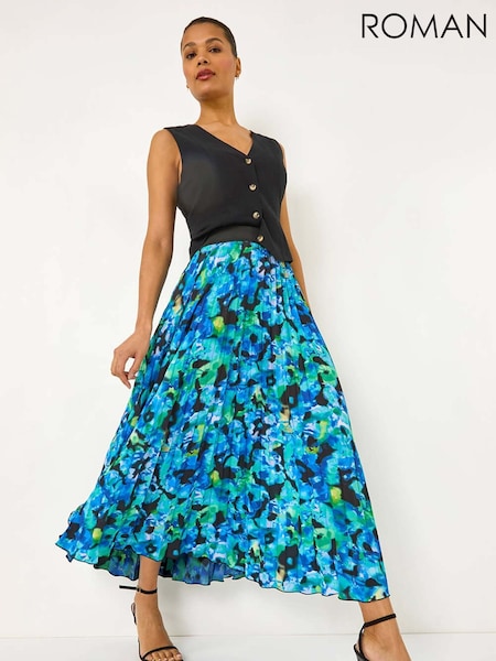 Roman Blue Abstract Print Pleated Skirt (H48518) | £48