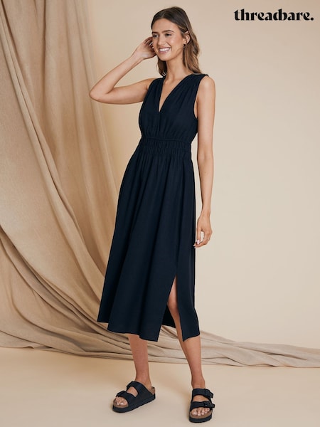 Threadbare Black Linen Blend Ruched Midi Dress (H48545) | £34