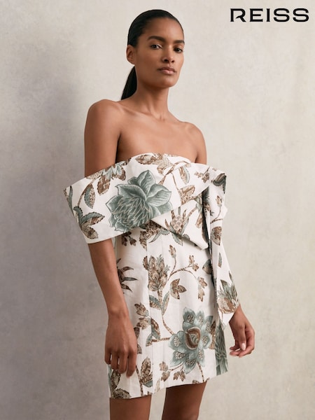 Reiss Ivory Jess Sculpted Off-Shoulder Floral Mini Dress Linen-Cotton (H48597) | £218