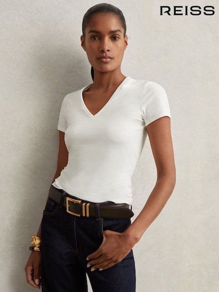 Reiss White Leia Stretch-Cotton V-Neck T-Shirt (H48601) | £40