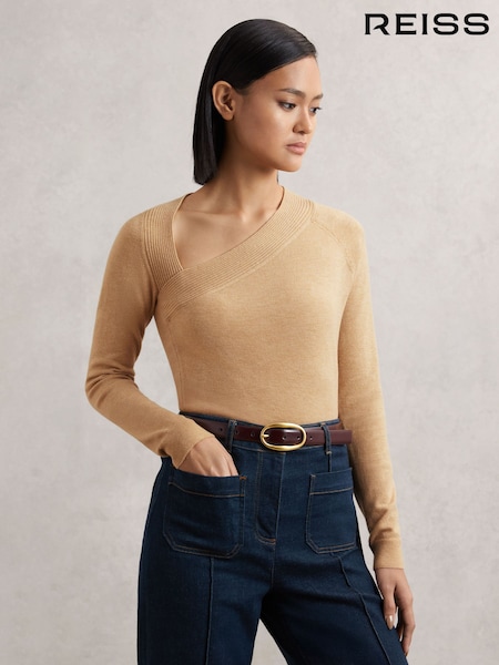 Reiss Camel Zoie Wool-Blend Asymmetric Knit Top (H48604) | £110