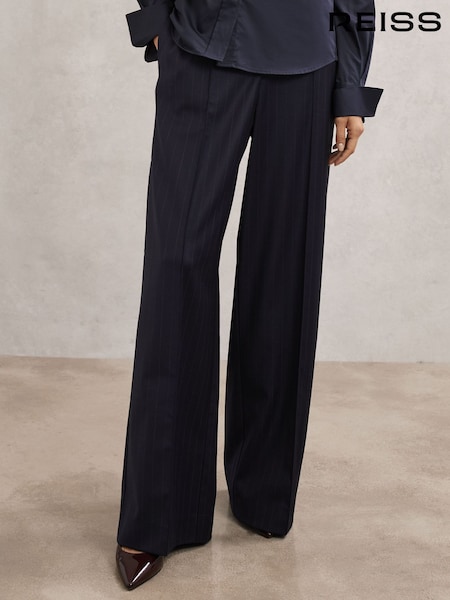 Reiss Navy Neave Petite Wool-Blend Pinstripe Wide-Leg Trousers (H48605) | £180