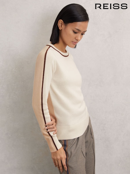 Reiss Cream/Neutral Anne Wool-Blend Colour-Block Jumper With Cashmere (H48607) | £120