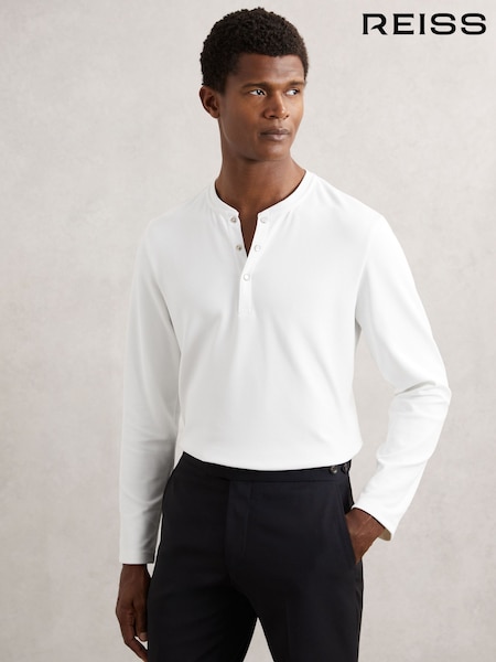 Reiss White Carmello Textured Grandad-Collar Henley Shirt (H48608) | £110