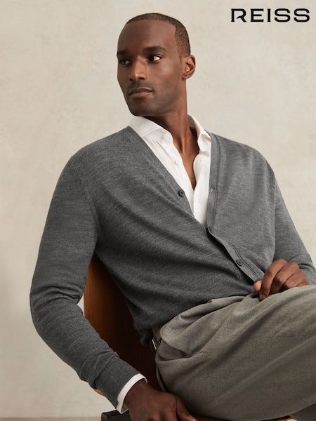 Reiss Derby Grey Melange West Merino Wool Button-Through Cardigan (H48612) | £98
