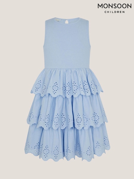Monsoon Blue Sleeveless Broderie Tiered Dress (H48622) | £32 - £37