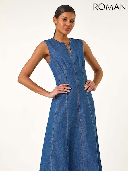 Roman Blue Panel Detail 100% Cotton Midi Dress (H48684) | £50