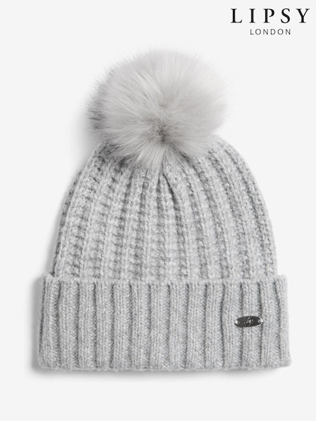 Lipsy Grey Shimmer Ribbed Pom Hat (H48843) | £12
